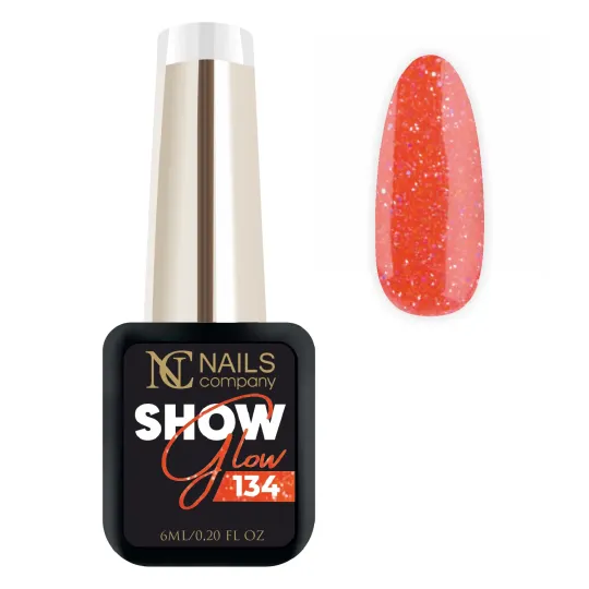 Vernis semi-permanent Show Glow 134 avec paillettes réflectives.