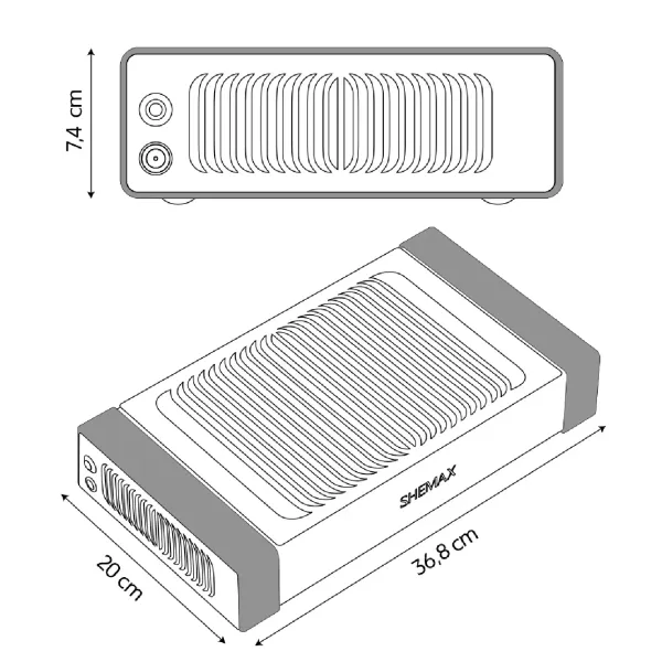 L'aspirateur Style Pro Shemax mesure 36.8cm de long, 20cm de large et 7.4cm de hauteur