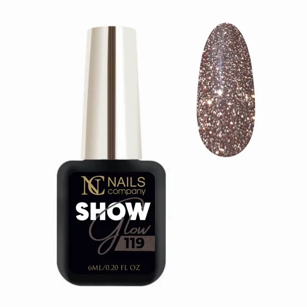 Vernis semi-permanent Show Glow 119 avec paillettes réflectives.